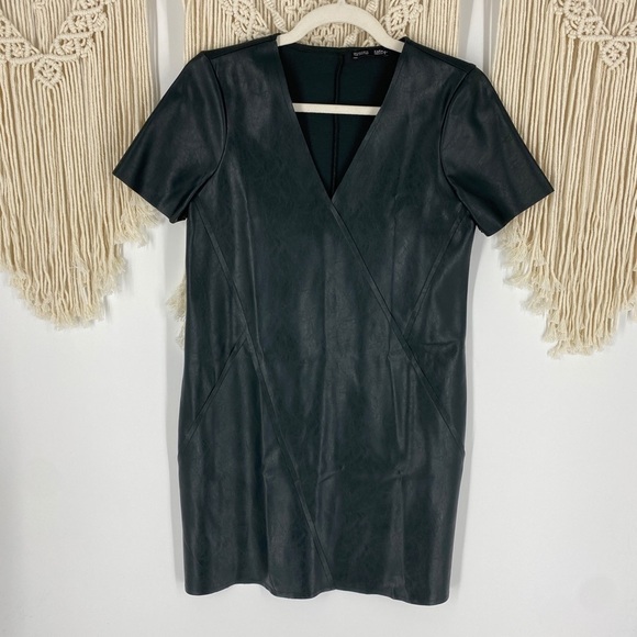 Zara Dresses & Skirts - Zara V-Neck Forest Green Faux Leather Short Sleeves A-Line Dress Size Small